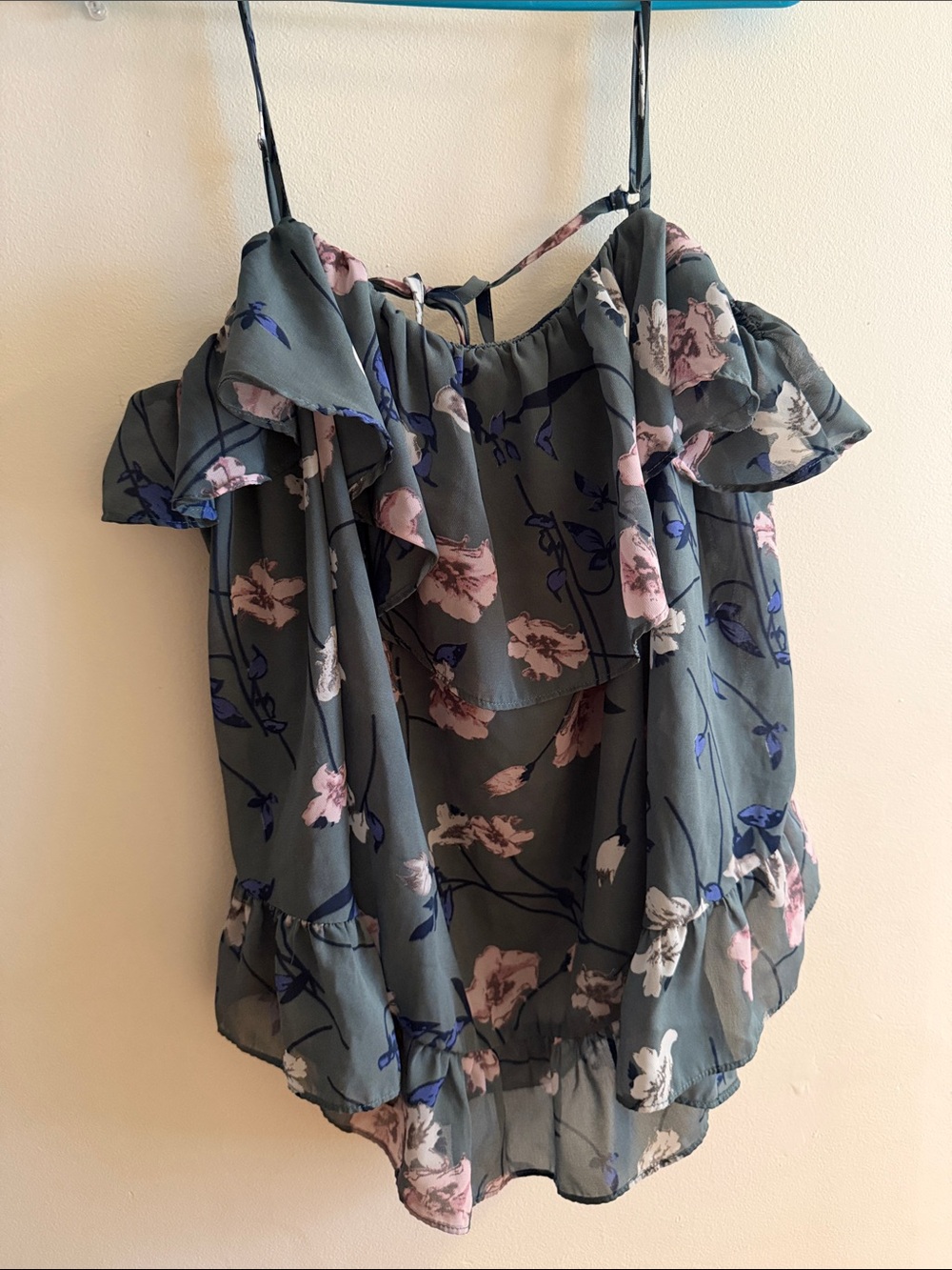 entro Dusty Green Floral Ruffle Camisole with Pink & Blue Accents
